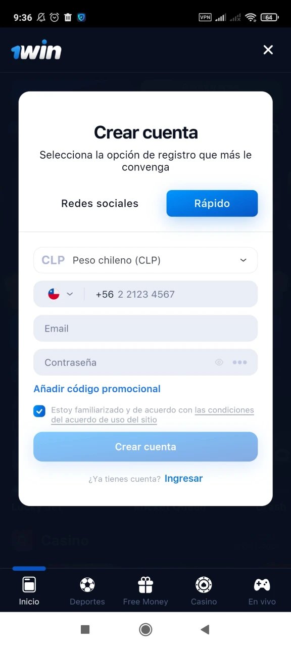 Captura de pantalla del formulario de registro en la 1win app.