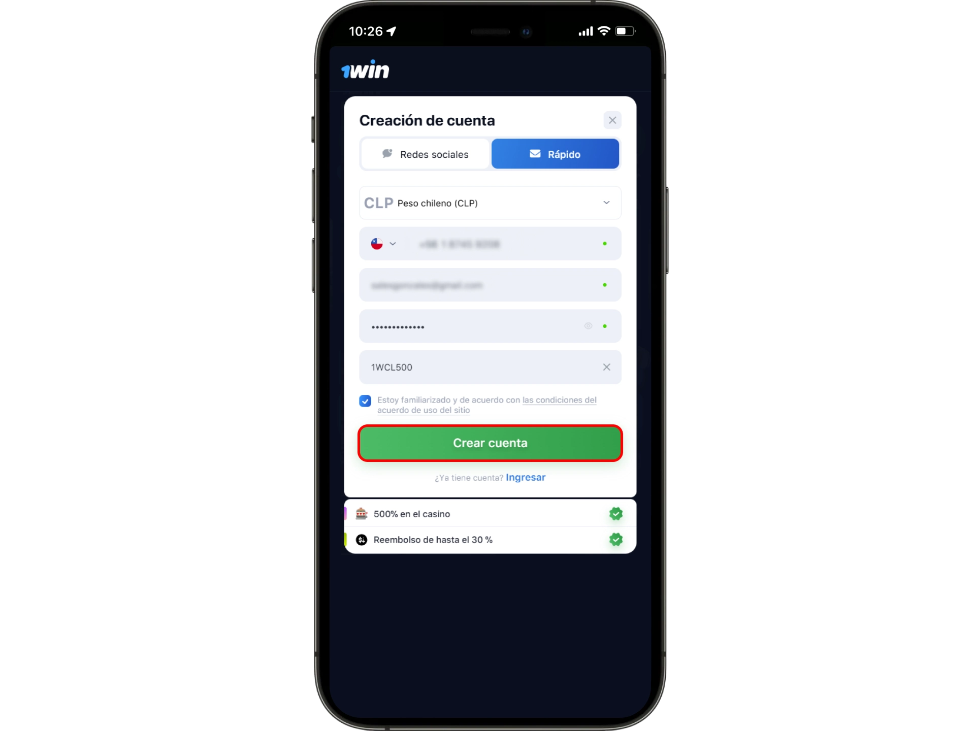 Para completar el proceso de 1win registro, todo lo que tienes que hacer es hacer clic en el botón verde y se creará tu cuenta.