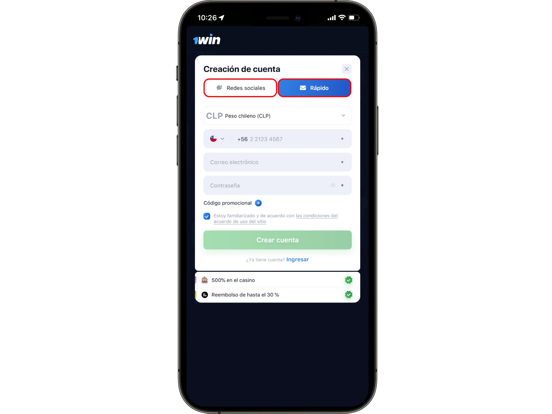 Tendrás dos opciones para registrarte en 1win: rápidamente y a través de las redes sociales.
