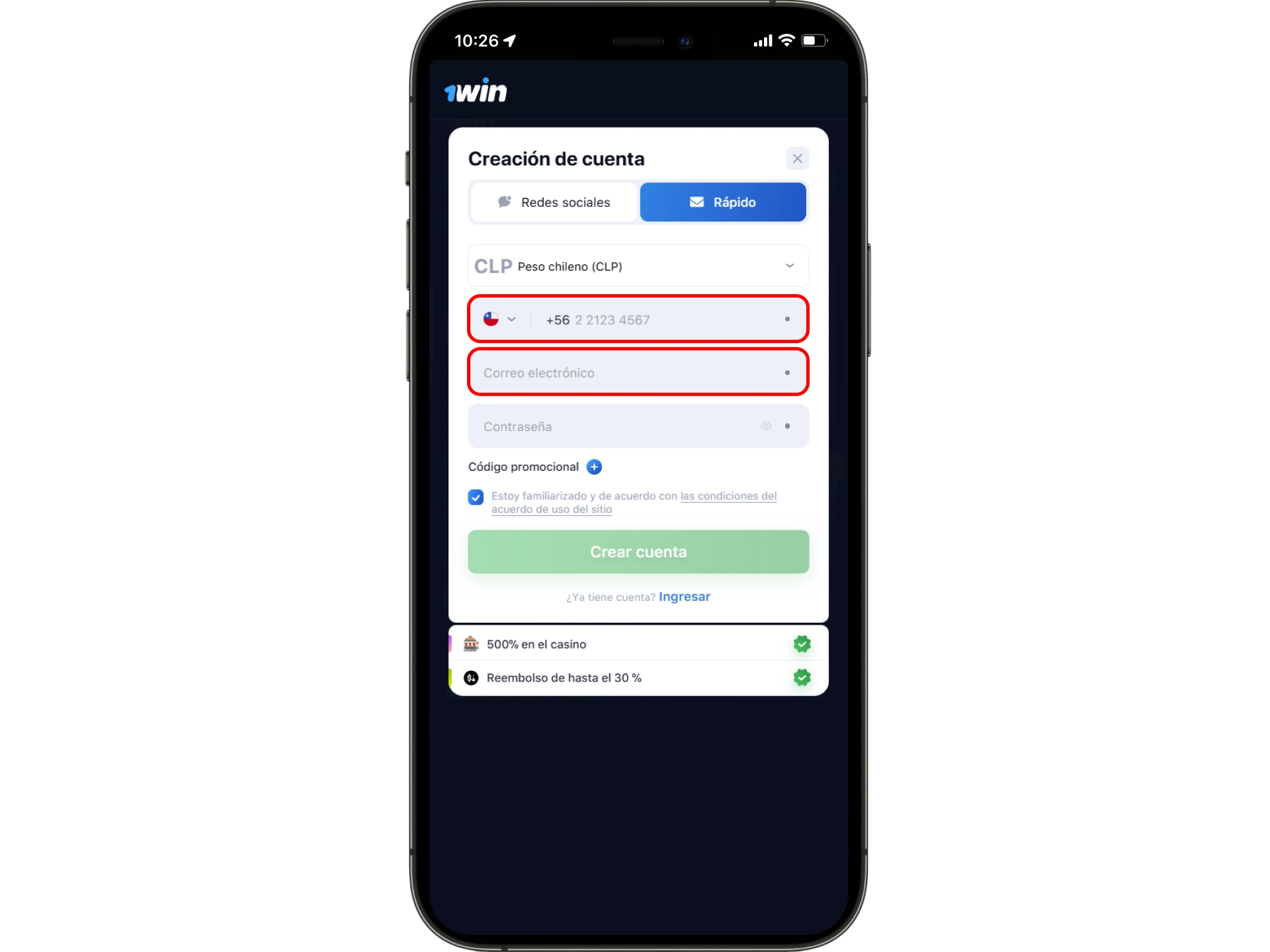 Ingrese su número de teléfono y correo electrónico en el formulario de 1win registro.